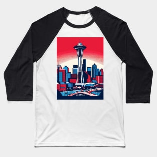 Seattle Space Needle Cityscape Retro Vintage Baseball T-Shirt